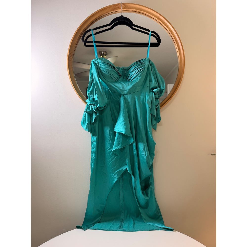 Here Comes The Sun Maxi‎ Dress Womens S Teal Excellent Satin Ruffle Pleated Bust